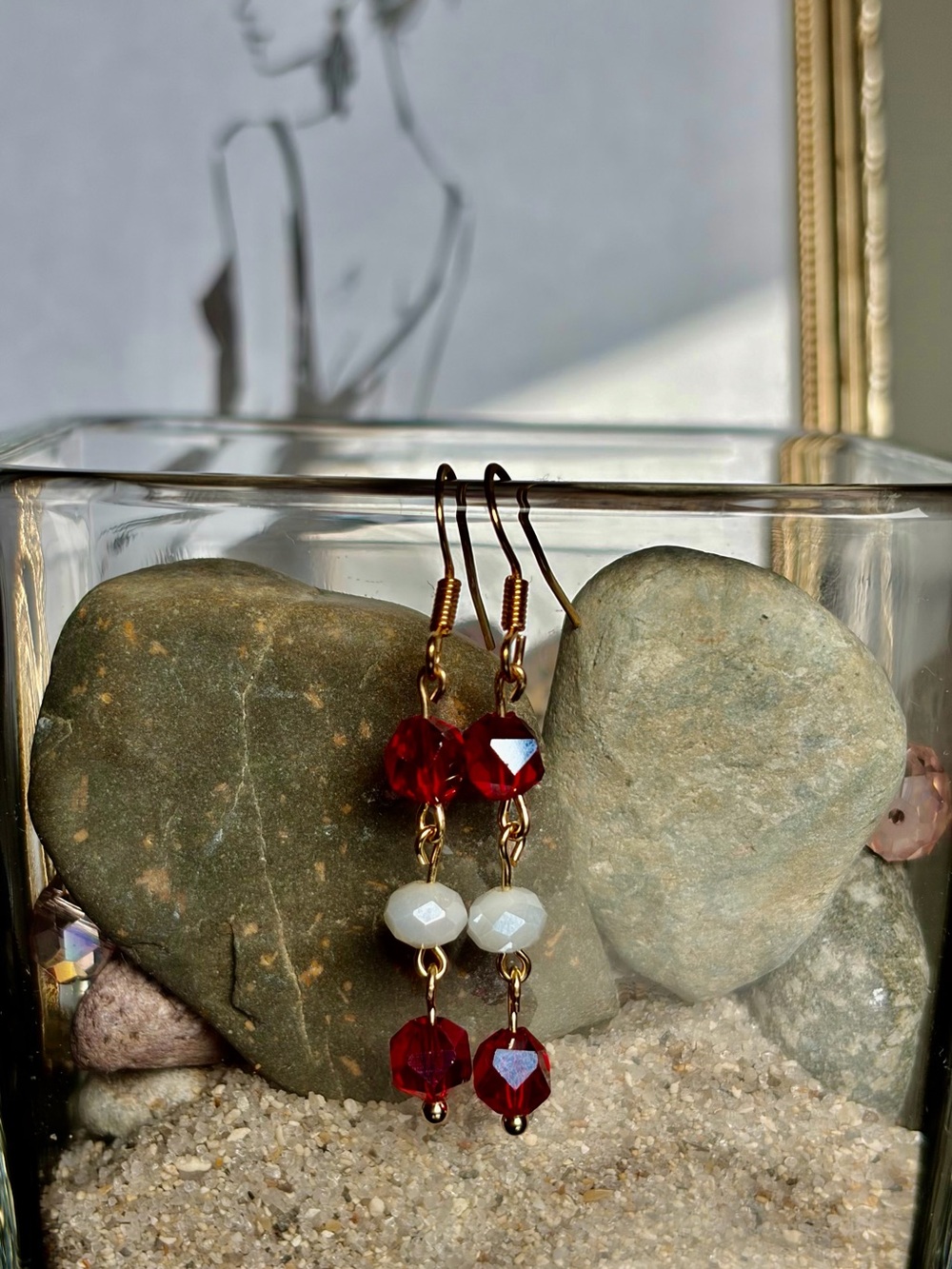 Gold-Tone Red and White Beaded Drop Earrings